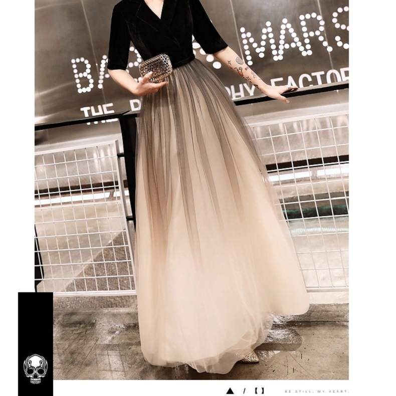 P6235 ワンピース ドレス 結婚式 二次会 お呼ばれ パーティー イブニングドレス ロングドレス チュール グラデーション ベロア Vネック 五分袖 上品 エレガント 秋 冬