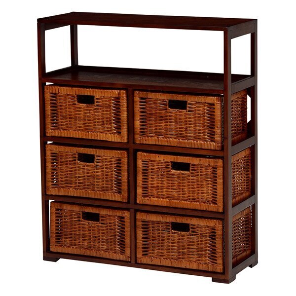ランドリーチェスト 4段 籐カゴ付 マホガニー材 アジアンテイスト 約幅73cm