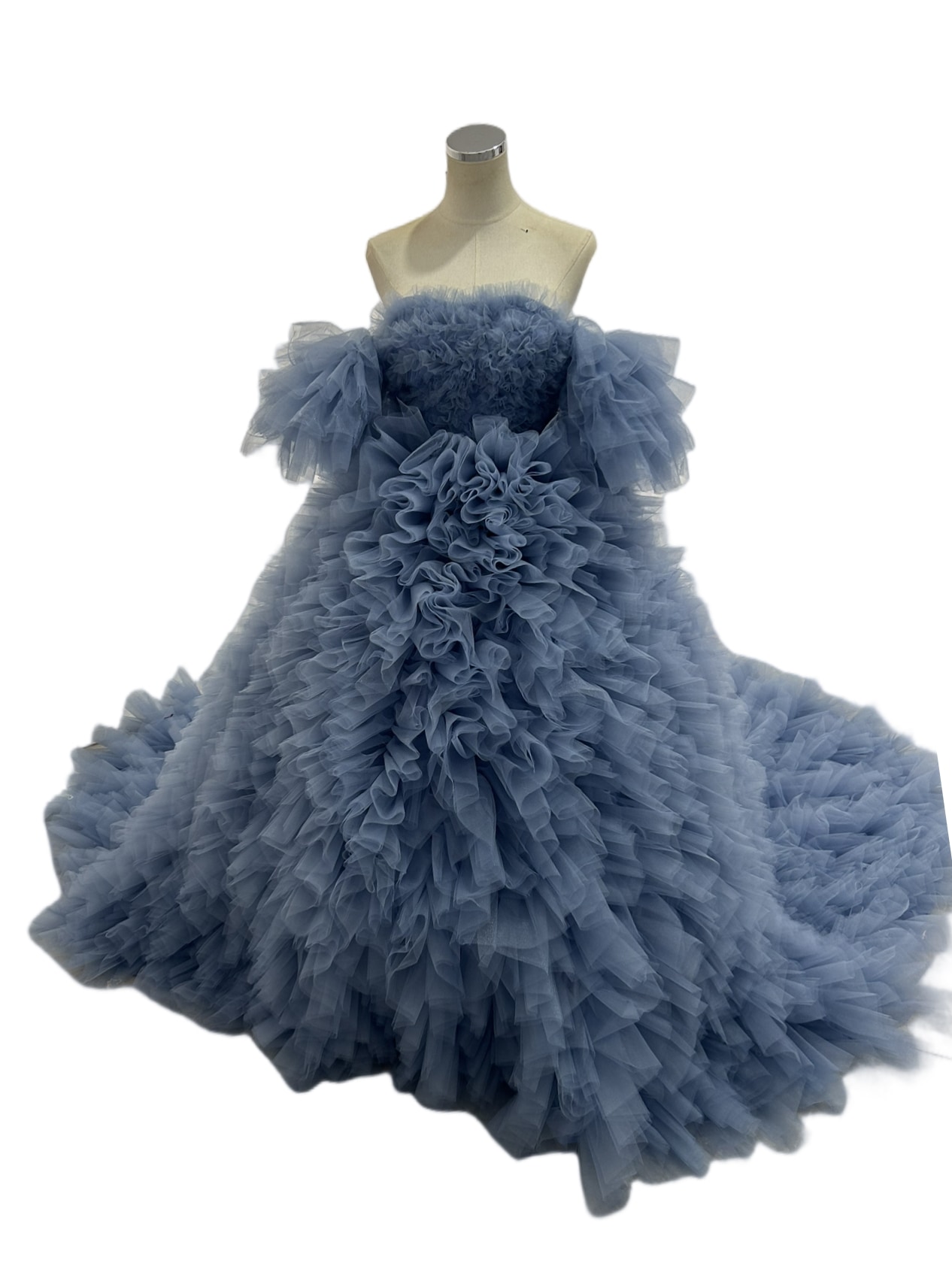 カラードレス ブルーグレー 姫袖 もこもこドレス ラッフルフリル 編み上げ