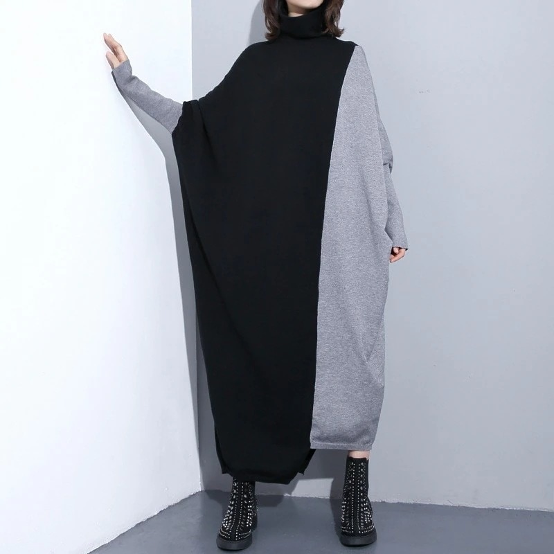 【Noir Mode】 秋冬 カラーブロック 切り替え ニット ロング ニットワンピース デザイン性 ブラックコーデ 大きいサイズ レディース 体型カバー ト セーター ワンピース