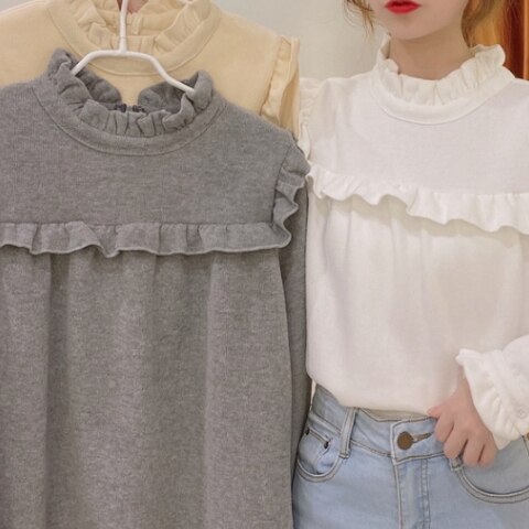 ３色 トップス ニット セーター プルオーバー レディース 春 秋 かわいい ゆったり ゆったり 長袖 フリル袖 フリルカラー スタンドカラー フリル リブニット プルオーバー 白 ホワイト 灰色 グ