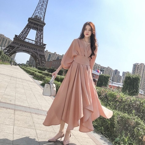 新作 秋 レディース フェアリー ロング丈ワンピース Vネック 長袖 韓国 9分袖 パフ袖 ピンク