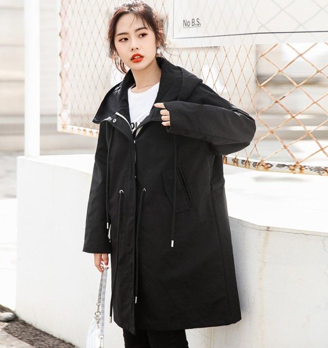 高品質 スプリングコートとアウター レディース 春秋 マウンテンパーカー ゆったり 大きいサイズ 3L 4L 春 秋 黒 フード コート ロング ドロスト ドローストリング ウエス