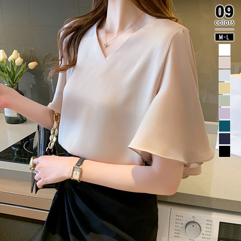 【9/25！クーポンで2,340円】 ブラウス シフォン フレアスリーブ レディース 半袖 トップス Vネック オフィス カジュアル プルオーバー 無地 シンプル 大人 上品 フォーマル きれいめ 春 4,825円