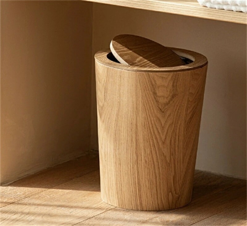 木製ゴミ箱 木製 12L 木目調ゴミ箱 ダストボックス 蓋つきゴミ箱 中が見えないダストボックス インナーボックス付き キッチン リビングルーム トイレ 室内 洗面所用 大容量 丸型 キッチンゴミ箱