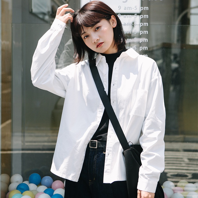 ホワイト半袖シャツ 学生 ゆったり BF ロング丈 ワークシャツ545