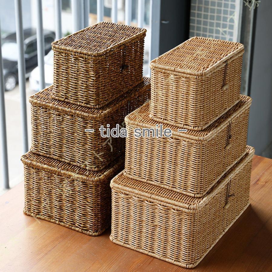 収納ボックス 蓋付き 収納ケース ラタンバスケット 小物入れ フタ付きバスケット 籐かご風 可愛い 収納かご 収納バスケット かご 小物入れ お菓子 天然素材