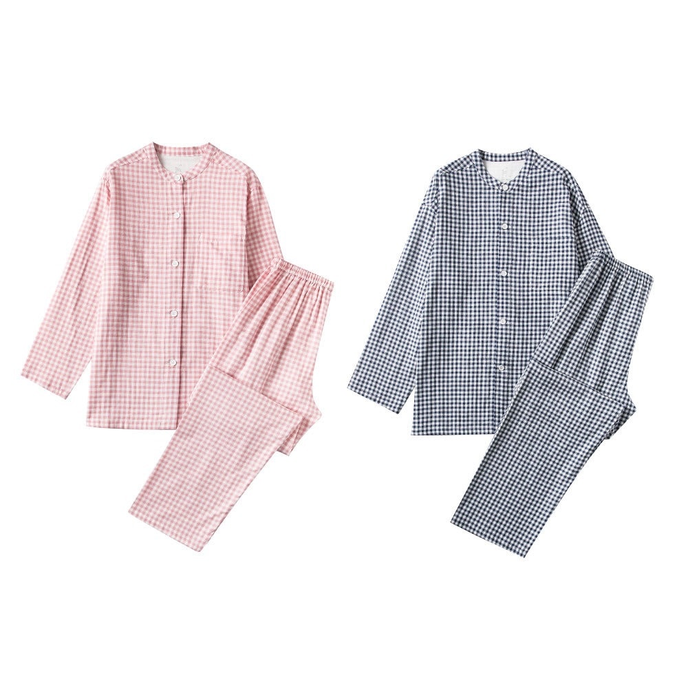 スタンドカラー細かいチェック柄の二重ガーゼシームレスな和風春夏新作カップルラウンジウェアセット