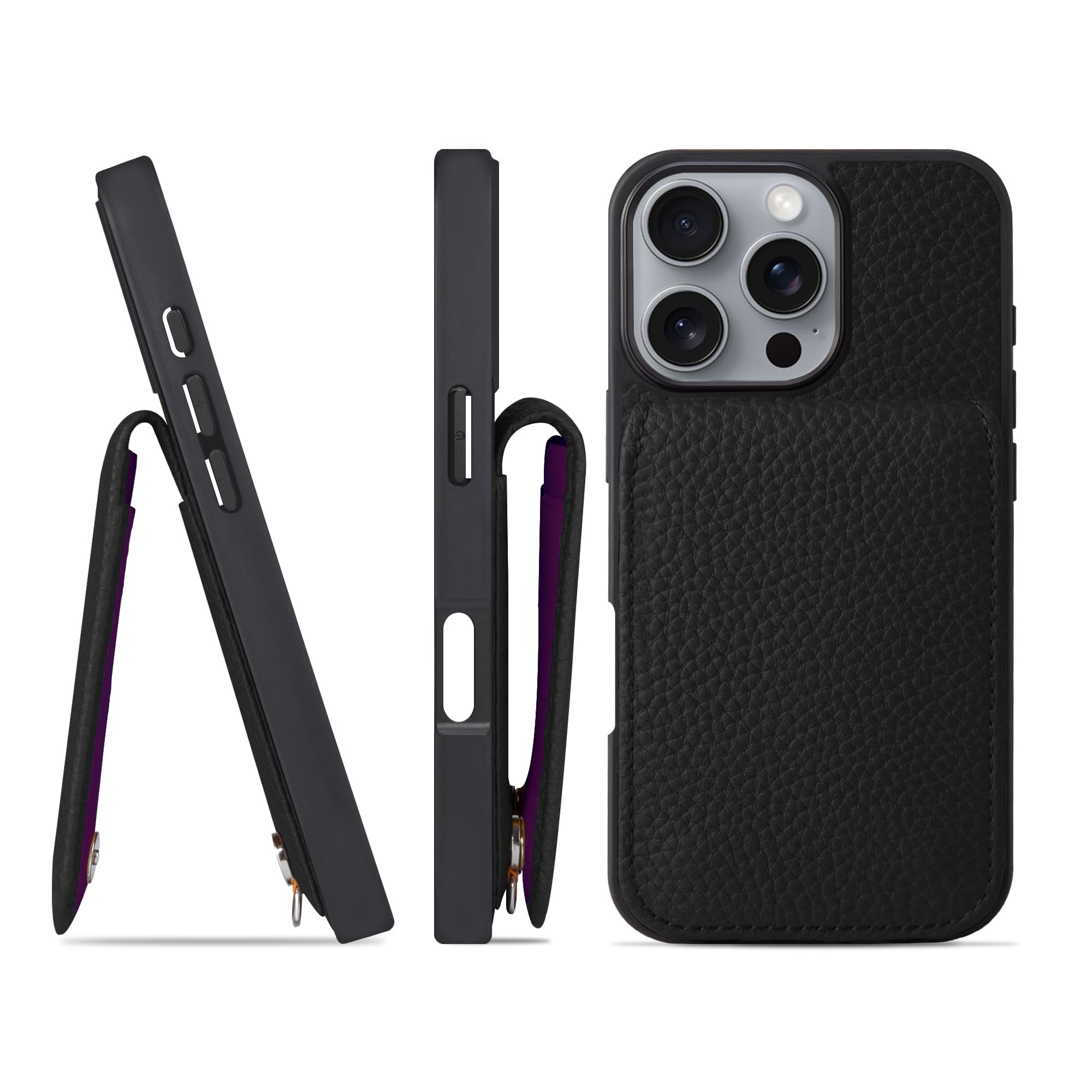 HANATORA for iPhone 16Pro ケース バンパー型 本革 スマホケース スマホ カードポケット スタンド ショルダーストラップ 付き シュリンクカーフレザー ギフト ブラック SC