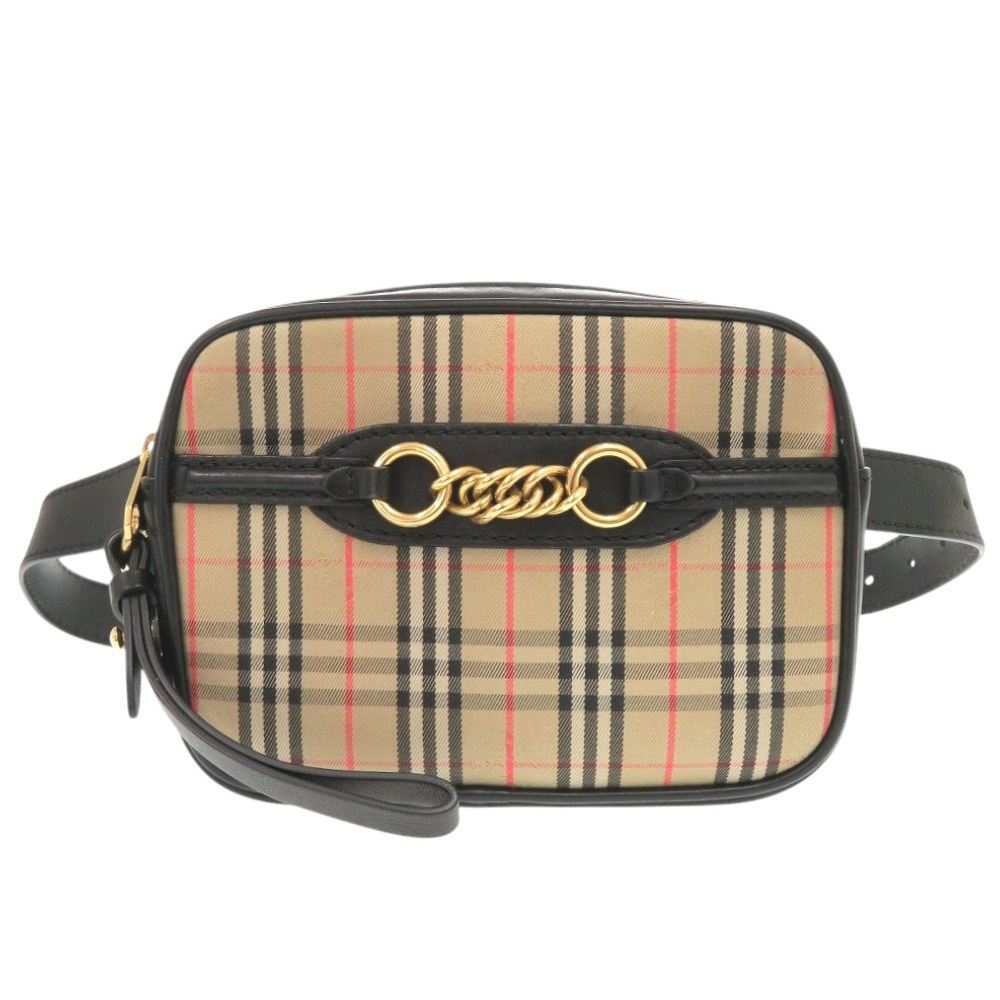 新品同様 チェックリンクベルトバッグ 8007350 ボディバッグ コットン/レザー ベージュ 1219【中古】 レディース