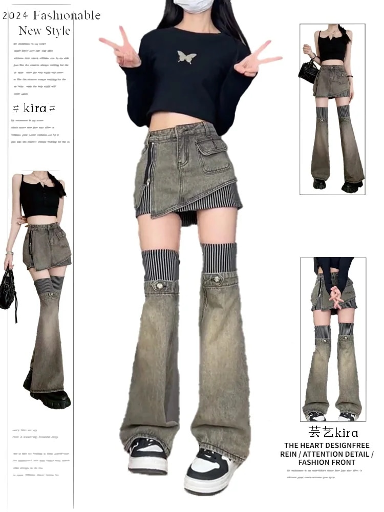 25 デニム スカート 2点セット ロング丈ボトムスハイウエストジーンズ K-PPストリートファッション系韓国風練習ジーンズ シルエットゆったりレッグレディースカジュアルジーパン衣装
