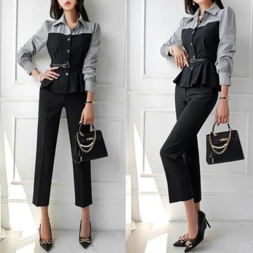 【急速出荷 2025年新作】ペプラム セットアップ パンツ スーツ トレンチ風 レディース 2点セット ツーピース 韓国 ギンガムチェック 切替 春 秋 長袖 ロング丈 ミモレ丈 可愛い 切替シャツ