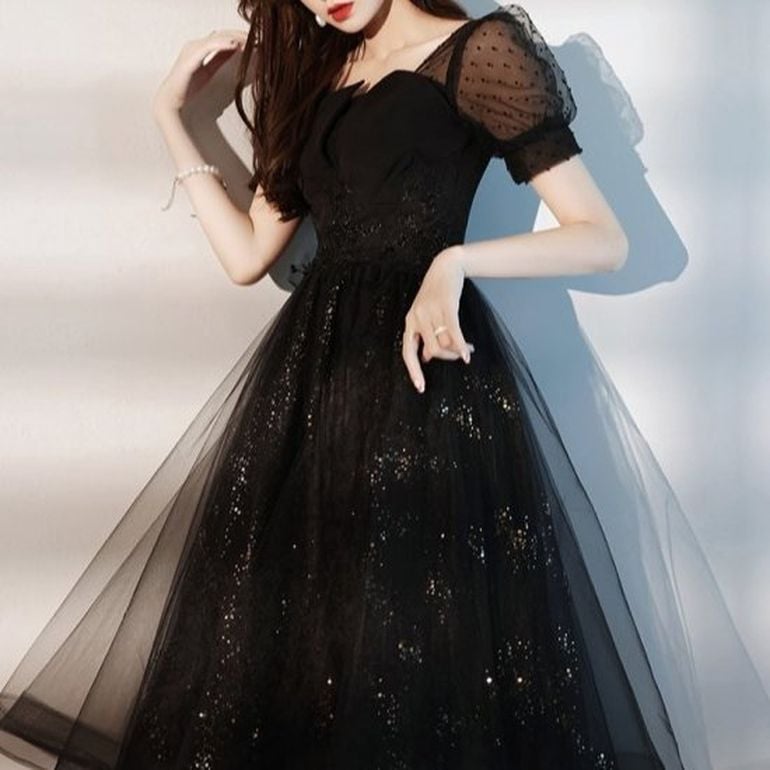 パーティードレス 韓国 ドレス 個性的 ワンピース プチプラ フレア 即納 チュール 結婚式 ボリューム シフォン 透け感 ドット 大人可愛い パフスリーブ 半袖 ミモレ丈 ブラック シャンパン パー