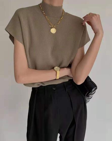 ハーフハイ - ネックセックショルダーニットベストレディースTシャツルーズ2021新しい短い短袖トップ