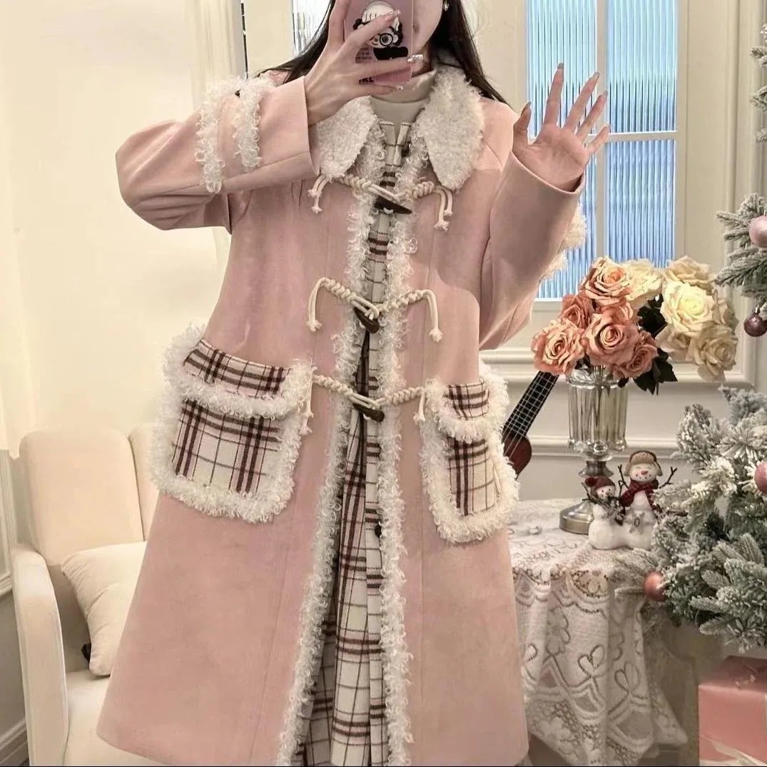 秋冬防寒大人っぽチェスターコート 冬アウター ファッションデザインチェック柄スプライシングウールコート秋冬新入生スモールコート 韓国ファッション