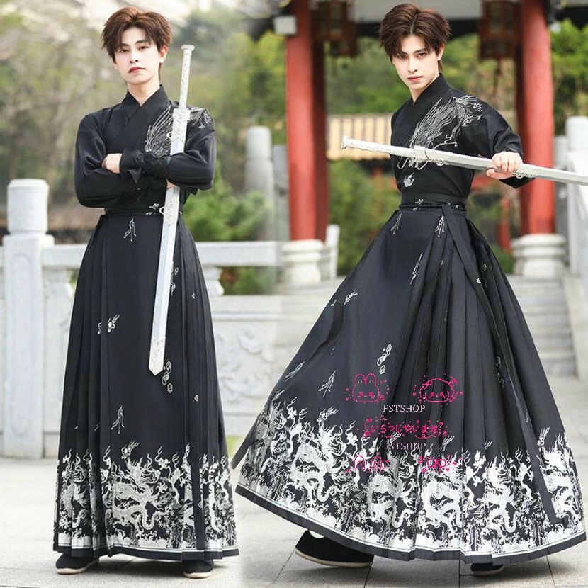 【2025新作入荷】メンズコスプレ衣装2点セット男性用ハロウィン漢服チャイナ服3点セット ダンス衣装セットアップ馬顔スカート古典ダンスウェア中華コスプレ衣装トップスとスカート学園祭 文化祭コスプレ衣裳