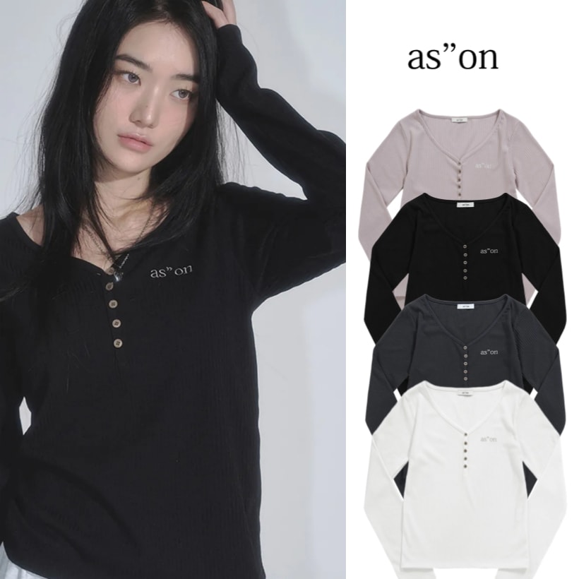 WISH RIBBED BUTTON TEE 裾の斜線ディテール / 大人気 / 在庫限り[4カラー]