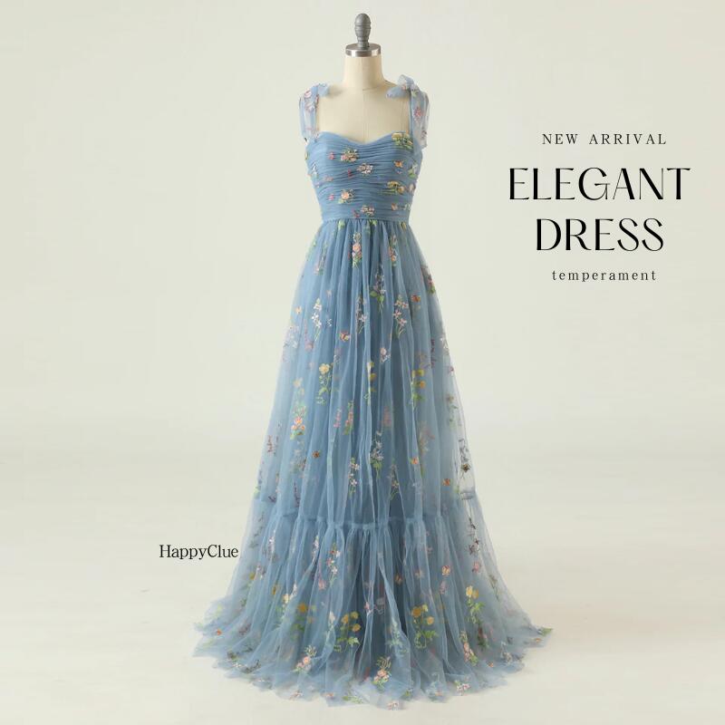 パーティードレス レディース 結婚式 ドレス カラードレス 青 プリンセスライン Aライン 花刺繍 イブイングドレス ロングドレス 演奏会 ピアノ発表会 ドレス 花嫁 ウエディングドレス 二次会 フォ