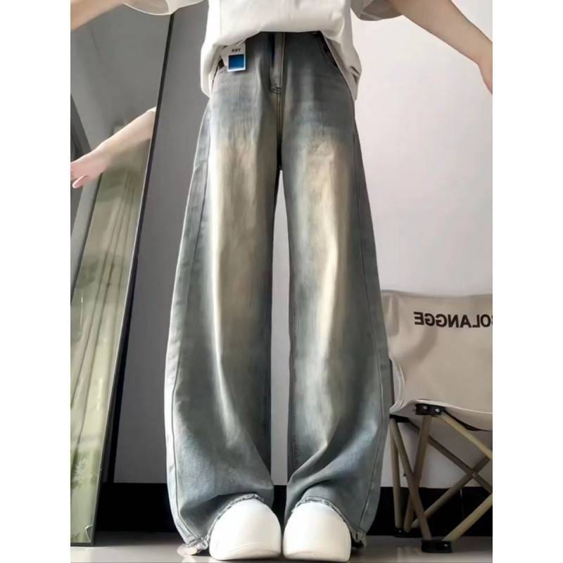 13 ライン 夏 薄手 アメリカン レトロ 切りっぱなし ジーンズ 女子学生 ゆったり スリミング ワイドレッグ フロアモップ ロングパンツ