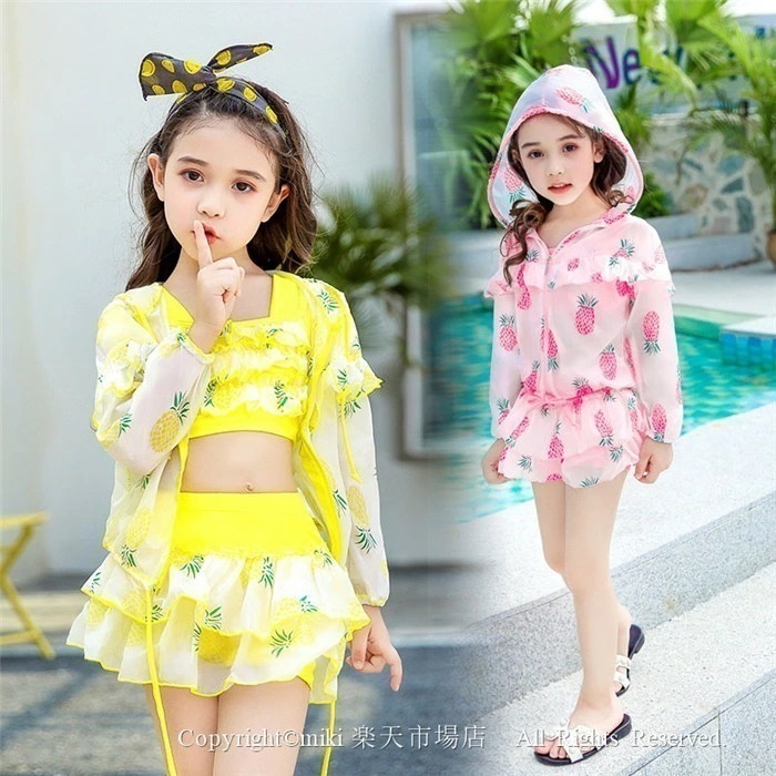 【大好評！最安値挑戦!】【即納】フルーツ柄 水着 ガールズ スイムウェア キッズ セパレート 女子 点セット フリル 日焼け防止 UVカット 水着子供用 可愛い おしゃれ セットアップ 子ども 女子