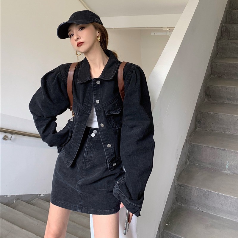 Gジャン スカート アウター セットアップ ショート ショート丈 膝上 袖あり 長袖 襟付き ストレート 上下セット 2点セット ツーピース かっこいい ラフ 個性的 ブラック ブルー