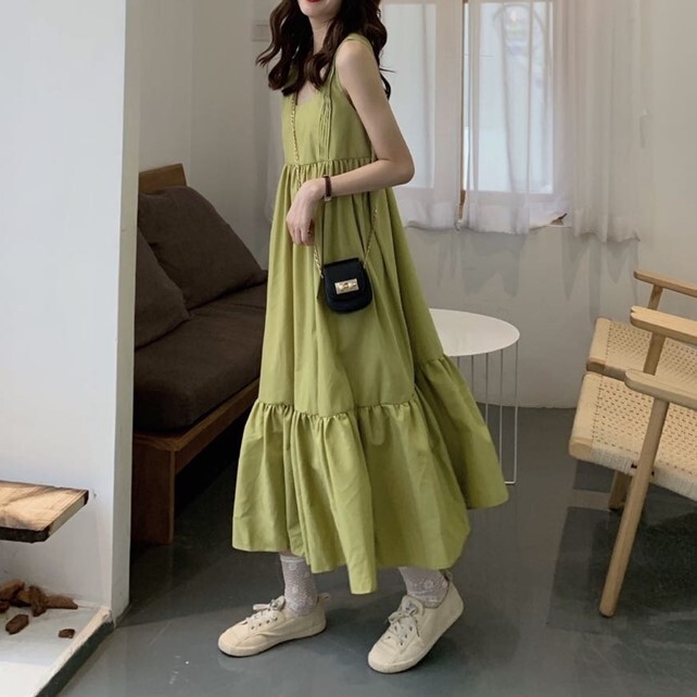 ワンピース Aラインスカート ロング丈 ノースリーブ スクエアカラー サスペンダードレス ルーズ ゆったり プルオーバー かわいい 大人可愛い きれいめ シンプル カジュアル 大人 上品 おしゃれ