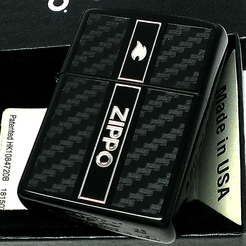 ZIPPO ライター ブラックカーボン ロゴ＆炎 マットブラック ジッポー かっこいい 彫刻 銀フレーム 銀差し 珍しい お洒落 艶消し黒 ギフト プレゼント メンズ
