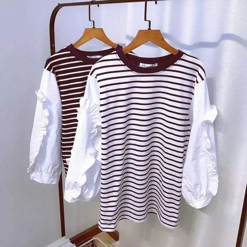 レディース トップス シャツ ブラウス カットソー スウェット 長袖 ボリューム袖 ドロップショルダー フリル袖 ラウンドネック 襟なし ノーカラー 切り替え ドッキング フリル 切り替えデザイン