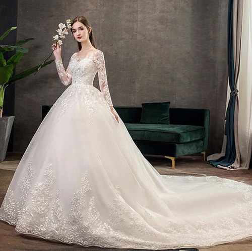 ウェディングドレス 長袖ウェディングドレス トレーンドレス Aライン 袖あり 二次会 結婚式 花嫁 ブライダル 演奏会 披露宴 ロング 発表会 コンサート 大きいサイズ フォーマル 前撮り リゾート