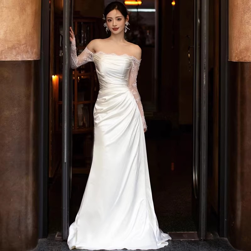 ワンショルダーライトウエディングドレス2023新型フレンチホワイトスリムレッグウォーマーレースのウエルカムドレススカート