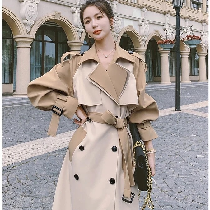 ウエストリボン カラー トレンチ コート ロング丈 ビッグカラー バイカラー アースカラー