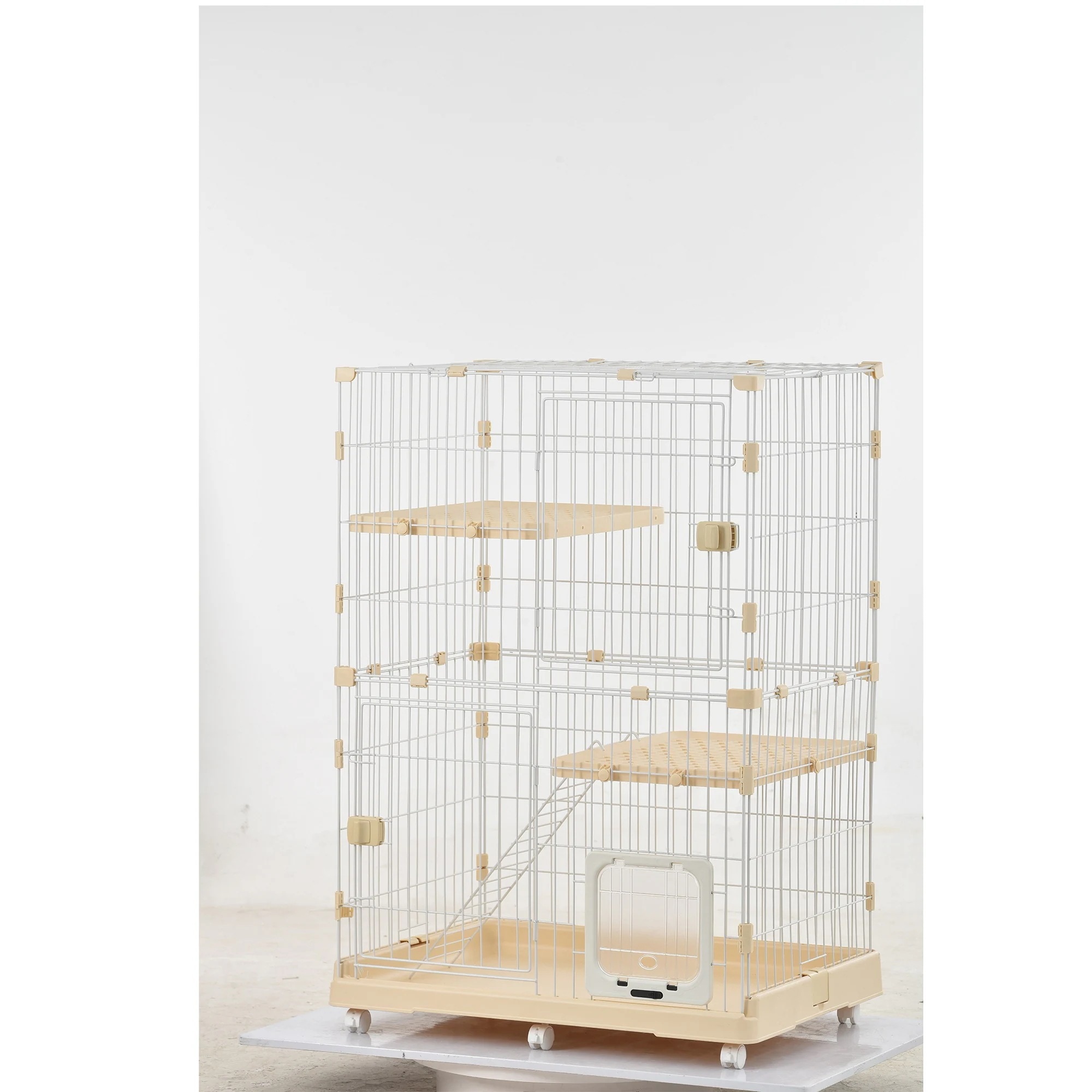 【大好評！最安値挑戦!】猫 ケージ 収納型 キャットケージ 2段 1段2段可能 キャスター付 キャットハウス GG8547 Beige PlasticG169