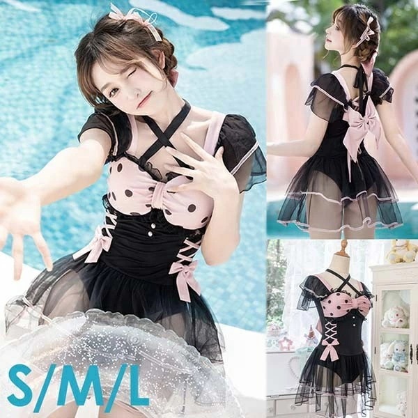 人気新作ワンピース水着 レディース 水着 体型カバー ロリータ風 可愛い かわいい フリル 透明感あり 水玉 ドット リボン 着せ 撮影 温泉 プール ビーチ ピンク ブラック S M L ec100