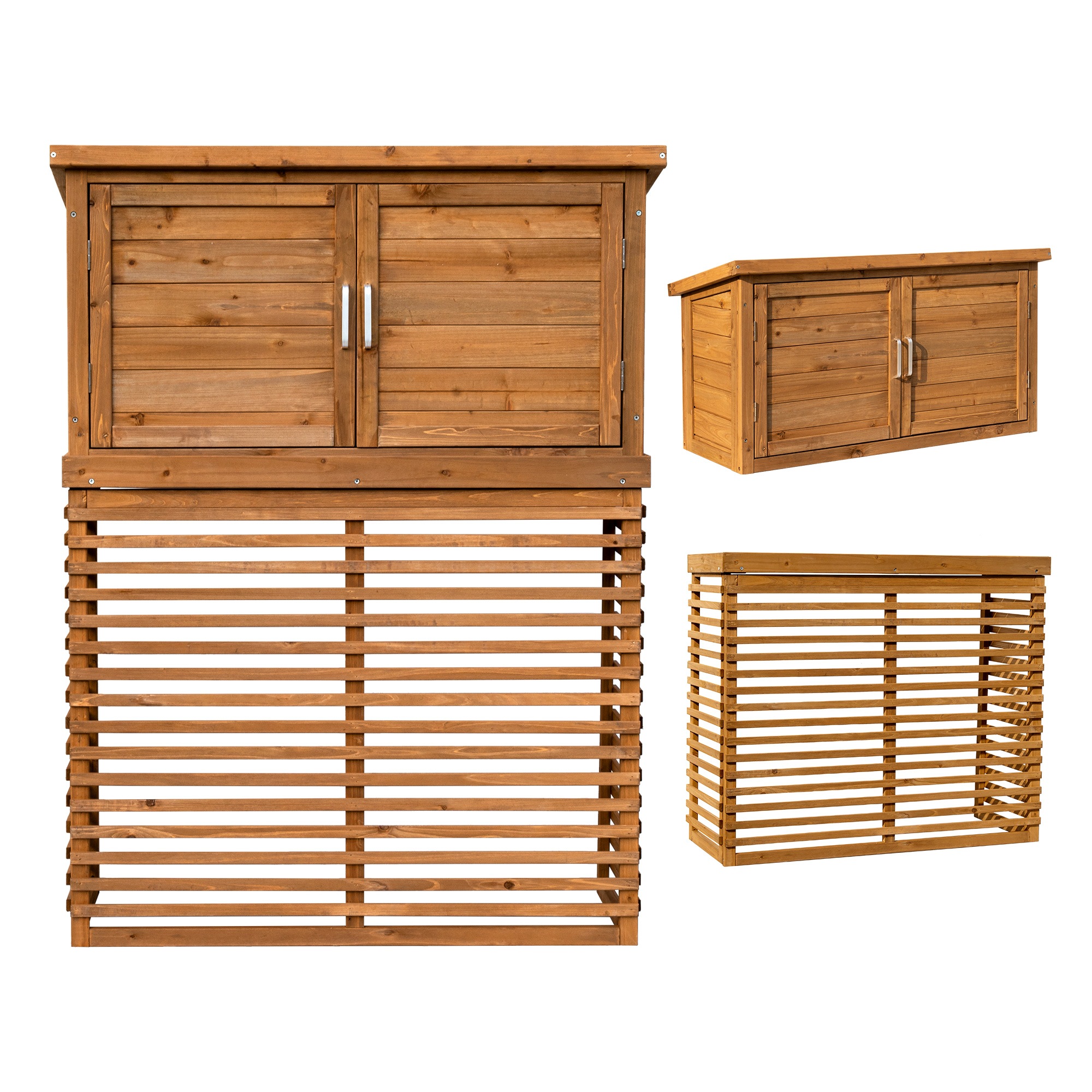 【国内発送】137 エアコン室外機カバー 天然木 エアコン 日よけ 棚 収納 ラック 室外機カバー ワイド 目隠し ベランダ 庭 屋外 雪 除け おしゃれ【ナチュラルブラウン】【収納庫付き】