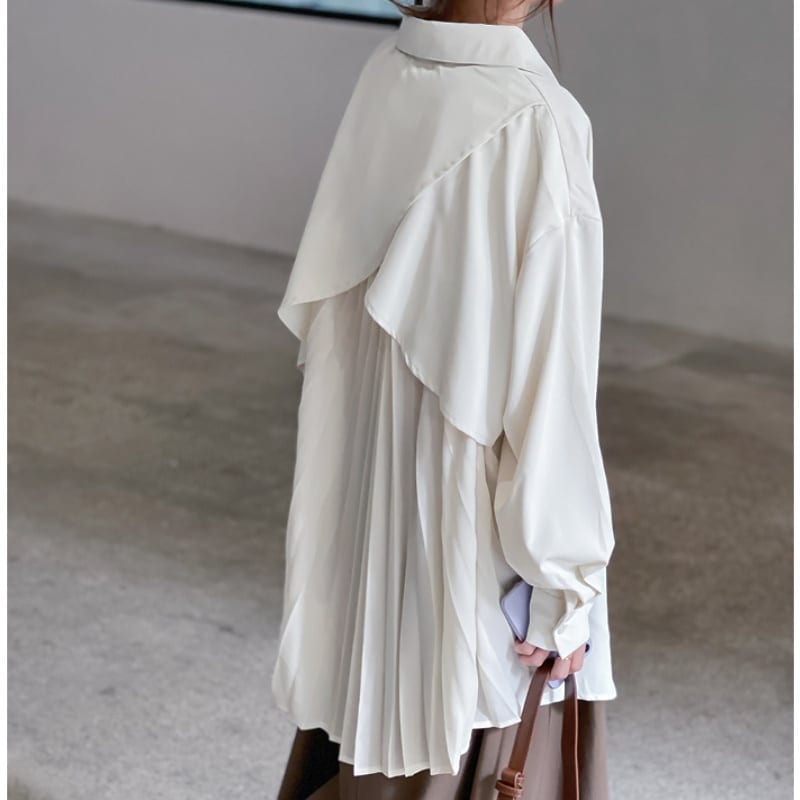 2color レディース ブラウス シャツ 長袖 プリーツ ホワイト ブラック お洒落 春夏 186