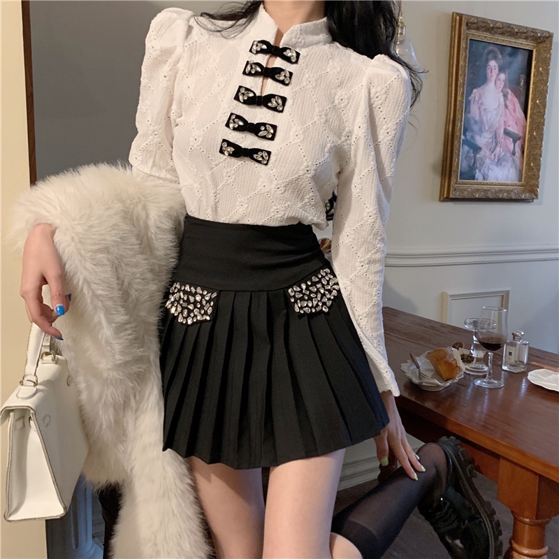 【送料無料】レディース セットアップ トップス リボン レース パフスリーブ 長袖 ビジュー