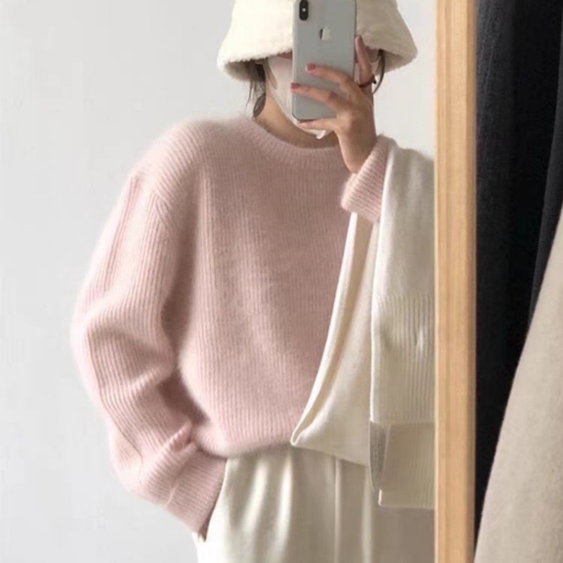 日本と韓国風の厚手の100%ウールとカシミアのラウンドネックニットセーターレディース秋冬ゆったりとしたピンクのインナーセーター