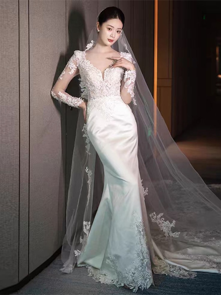 レース Vネック テール ライト ウェディングドレス 花嫁 2024 メインヤーン 感 シン レトロ お出かけ 糸