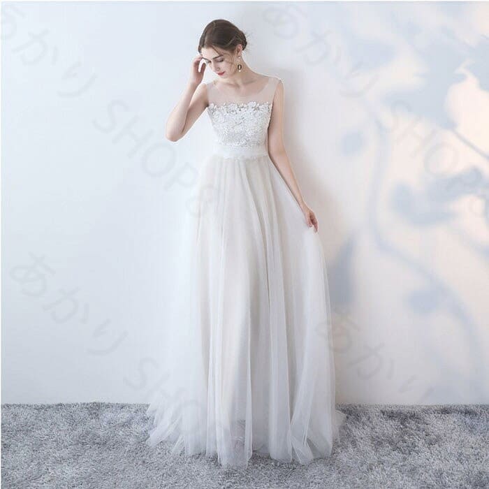 今だけ！ウエディングドレス レース チュール Aライン ロング 前撮り 後撮り 結婚式 演奏会 発表会 エレガント　エンパイアライン　ガーデンウエディング