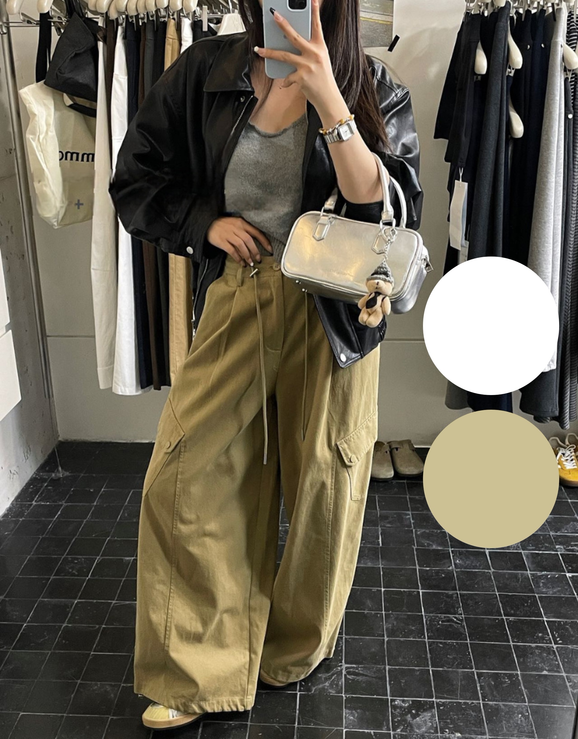 2色女子力UPかわいい人気韓国スタイル女性ワイドカーゴパンツパンツビスケットパンツワイドパンツカーゴパンツホワイトベージュ