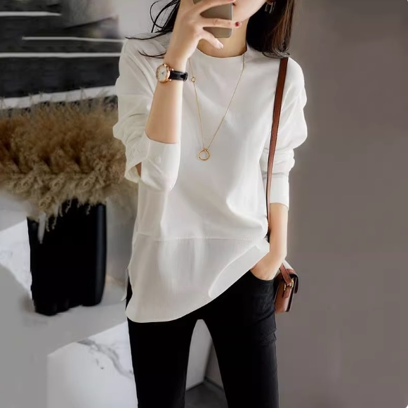 ブラウス レディース トップス シャツ カットソー 長袖 ラウンドネック フェミニン かわいい 大人可愛い きれいめ シンプル カジュアル 上品 おしゃれ レトロ こなれ感 ラフ ガーリー ルーズ