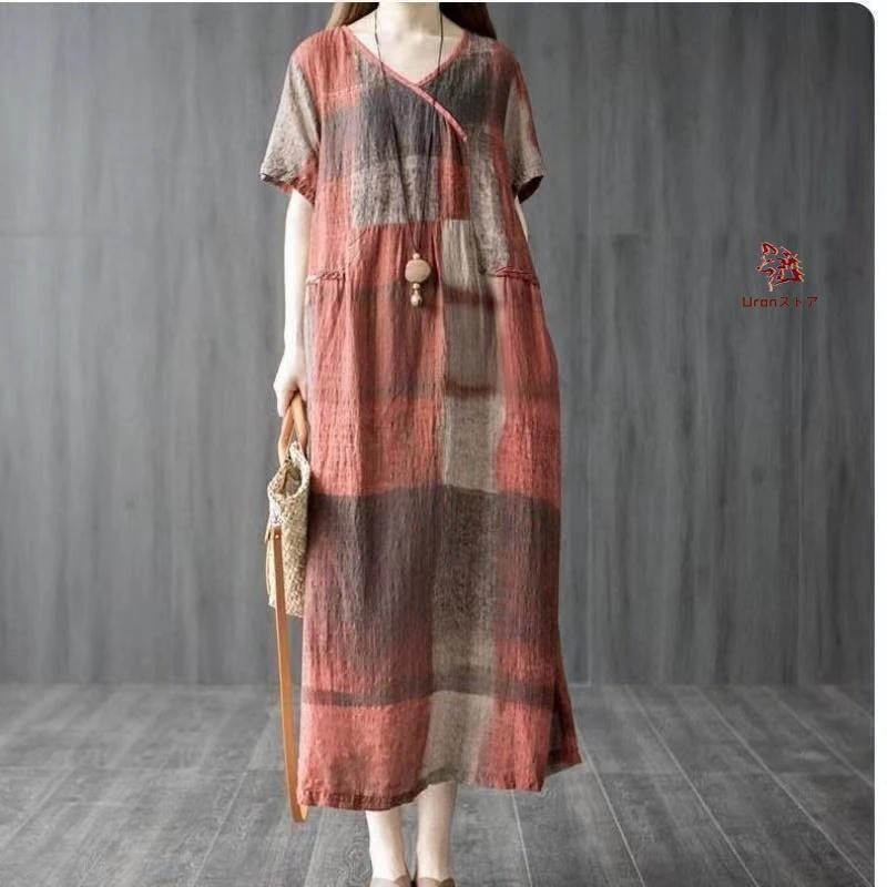 ロングワンピース レディース 夏 ロングワンピ レディースワンピース 半袖ワンピース ゆったり 半袖 カジュアル 薄手 Vネック チェック柄 ナチュラル しわ