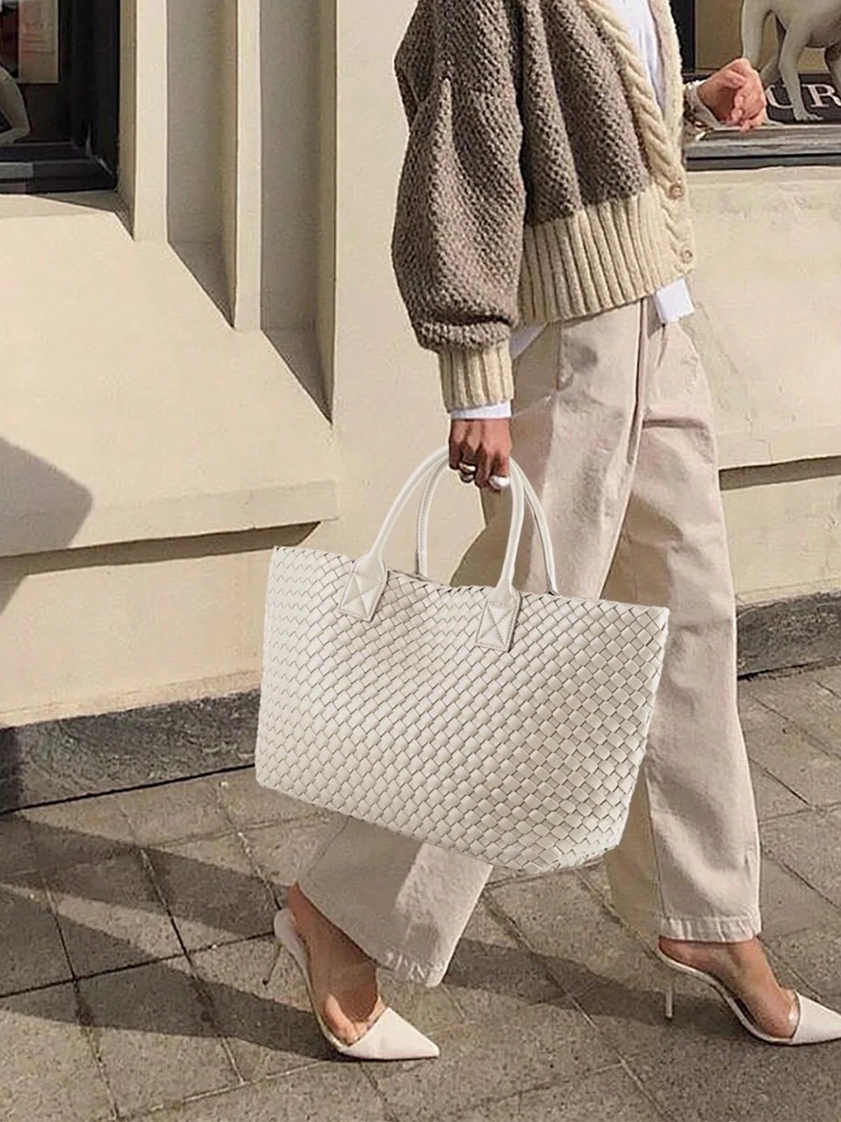 トートバッグ レディース PUレザー ハンドメイドバッグ 編み込みトートバッグ メッシュトートバッグ イントレチャート 編みバッグ 編みこみ メッシュ編み メッシュトート 手編み プレゼント
