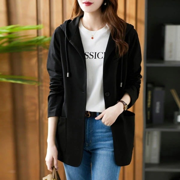 【早い者勝ち】フェミニン 通勤 フード付き 長袖 膝上 無地 シングルブレスト ジャケット