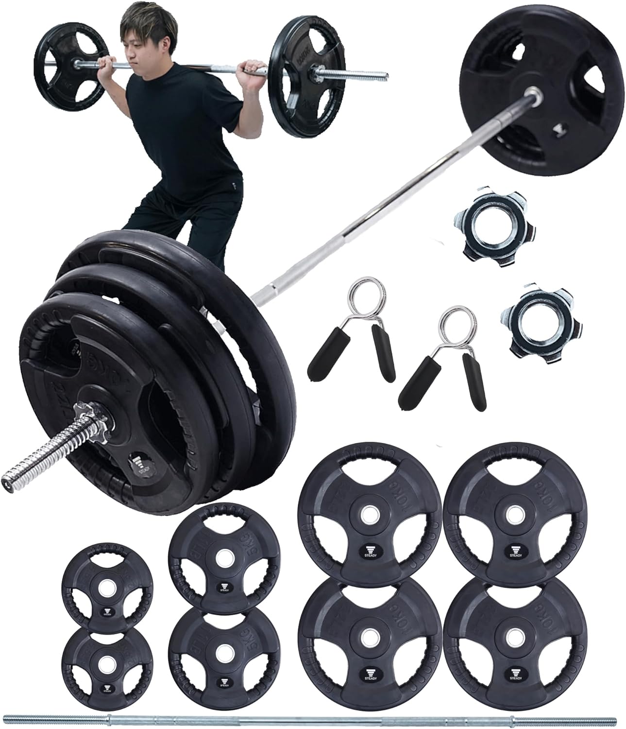 (04).ﾌﾞﾗｯｸ&ｼﾙﾊﾞｰ/120kgｾｯﾄSTEADY バーベルシャフト プレート セット 60/80/100/120kg 筋トレ器具 ベンチプレスセット バーベル ウエイトトレーニング 鉄ア