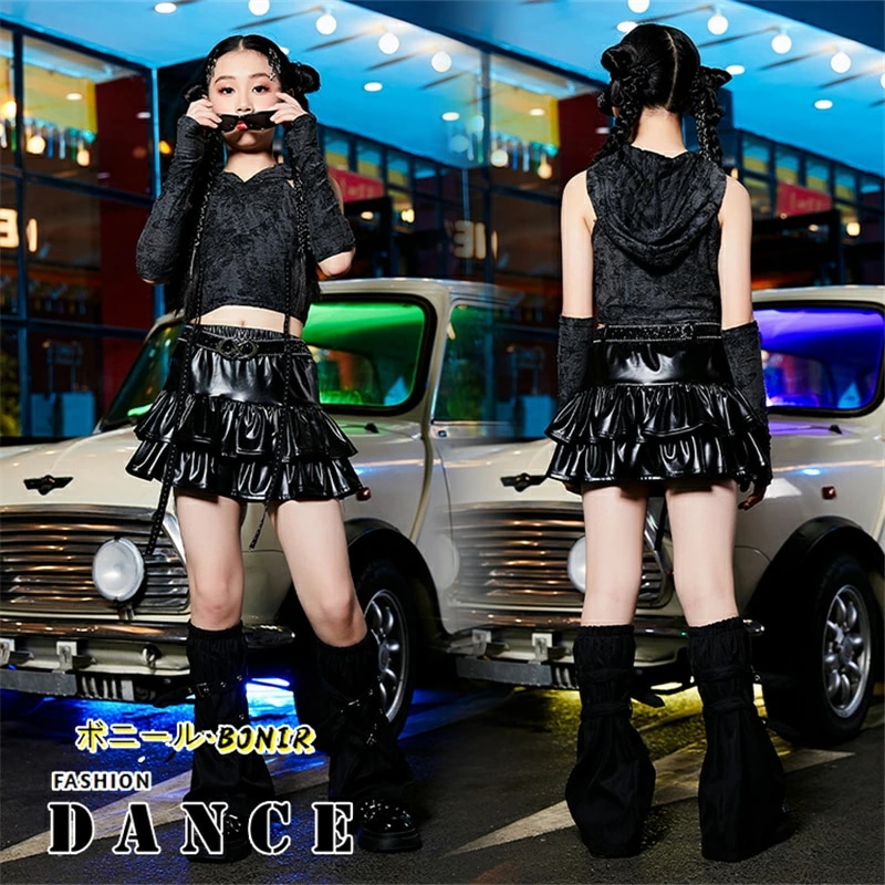黒 ガールズ ジャズ ダンス衣装 フード付き トップス へそ出し 黒スカート フレア 女の子 ヒップホップ ダンス かっこいい ブラック ミニスカート チアガール 腕カバー レッグウォーマー 120