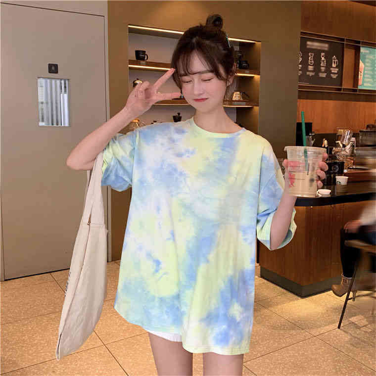 半袖 ヒップホップ タイダイ柄 カットソー レディース 原宿系 Tシャツ BF風 夏 ダンス ストリート風 ゆったり 体型カバー トップス 韓国ファッション 送 料 無 料