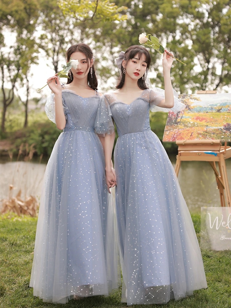 パーティードレス ロング 結婚式 ワンピース レディース ブライズメイドドレス ブライダル マキシワンピース カラードレス 発表会 演奏会 Aライン チュール 袖付き お呼ばれ 披露宴 二次会 大きい