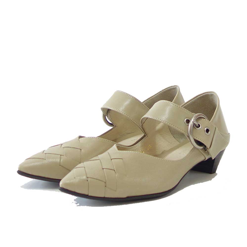 12692 ベージュ クロスメッシュパンプス 天然皮革 3cmヒール スリップオン 2WAY シューズ ミュール