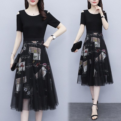 ドッキングワンピース ワンピース フレアワンピース 膝丈 ひざ丈 ミモレ ミモレ丈 袖あり 半袖 ラウンドネック フレア ドッキング チュール ドッキング ハイウエスト かわいい 大人可愛い きれいめ